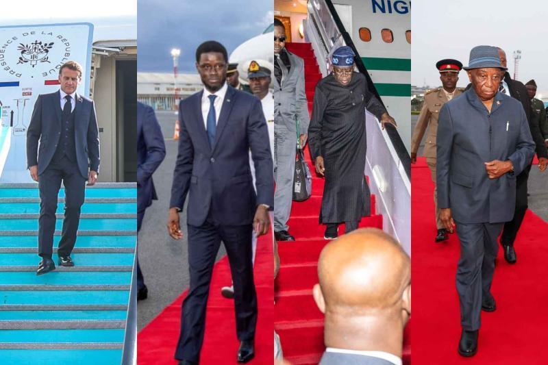 Photo collage of Emmanuel Macron, Diomaye Faye, Bola Tinubu and Joseph Nyuma Boakai.